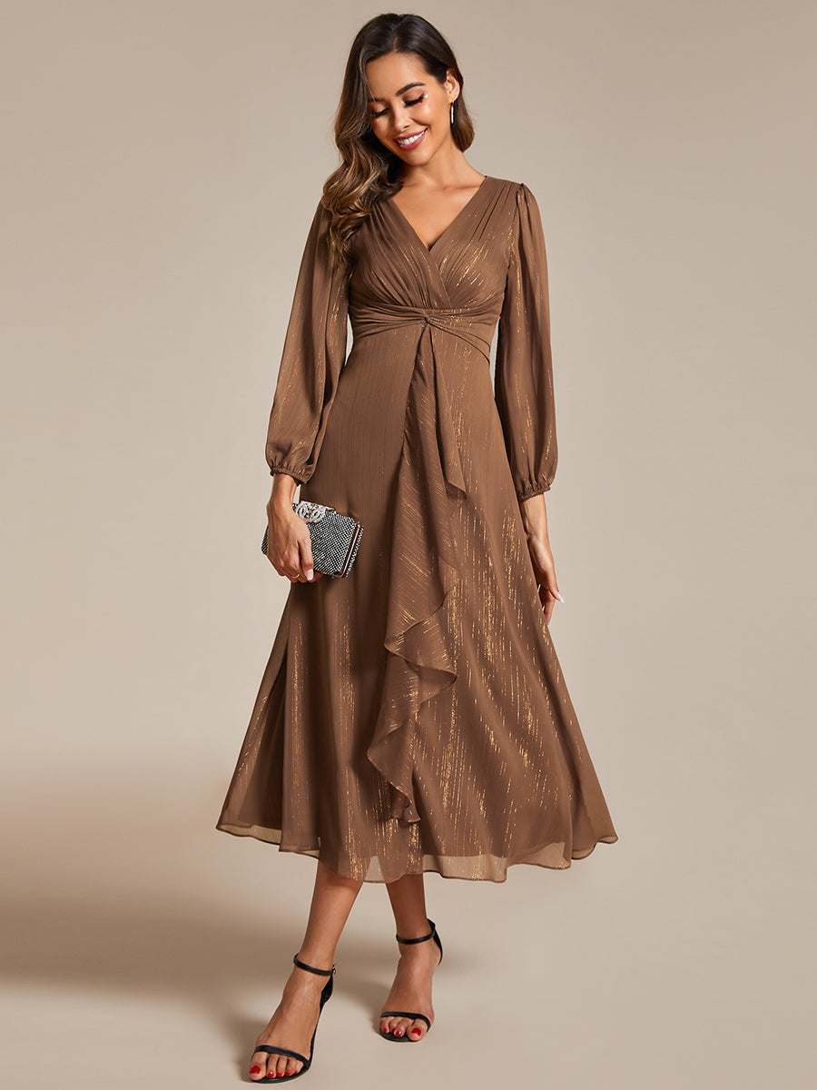 Shimmering Long Sleeve V-Neck Chiffon Twist Knot A-Line Evening Dress #color_Emperador