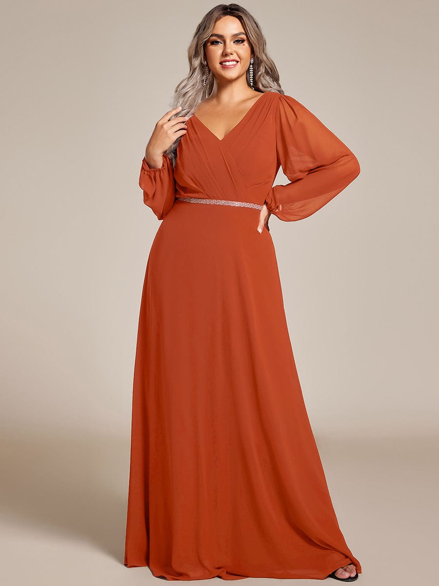 Pleated Double V-Neck Long Sleeves Shiny Belt Chiffon Evening Dress #color_Burnt Orange