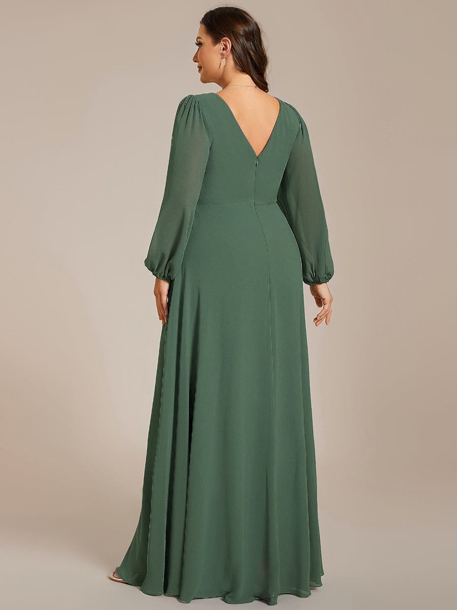 Pleated Double V-Neck Long Sleeves Shiny Belt Chiffon Evening Dress #color_Eucalyptus Green
