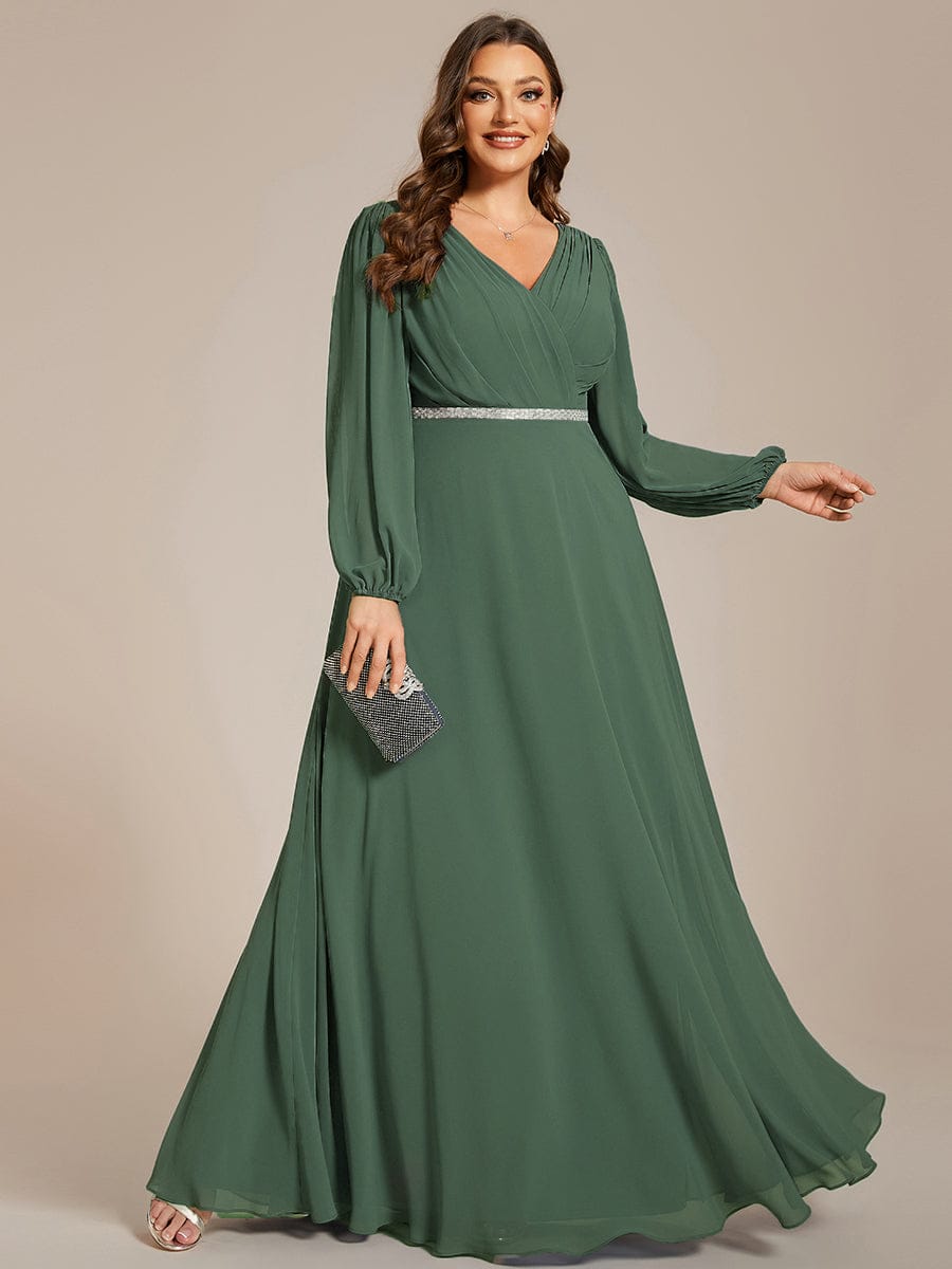 Pleated Double V-Neck Long Sleeves Shiny Belt Chiffon Evening Dress #color_Eucalyptus Green