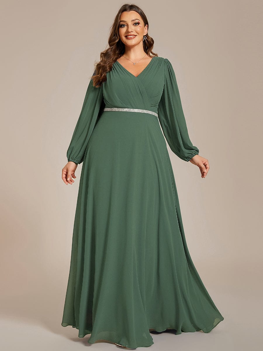 Plus Size Pleated Double V-Neck Long Sleeves Shiny Belt Chiffon Evening Dress #color_Eucalyptus Green