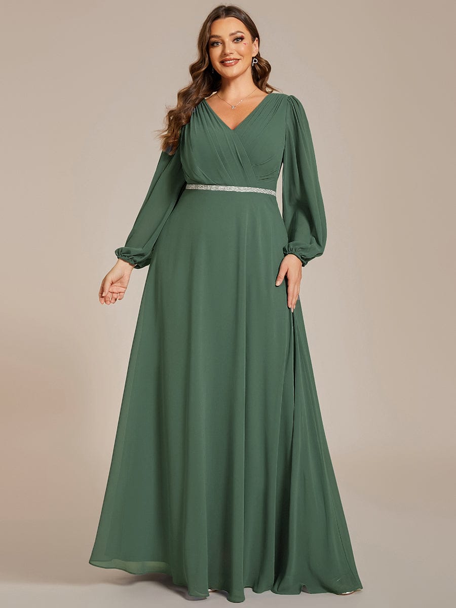 Plus Size Pleated Double V-Neck Long Sleeves Shiny Belt Chiffon Evening Dress #color_Eucalyptus Green