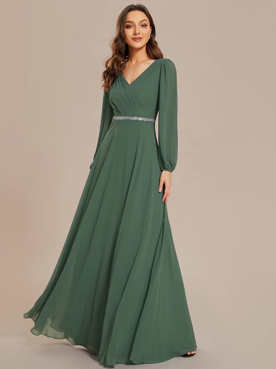 Pleated Double V-Neck Long Sleeves Shiny Belt Chiffon Evening Dress #color_Eucalyptus Green