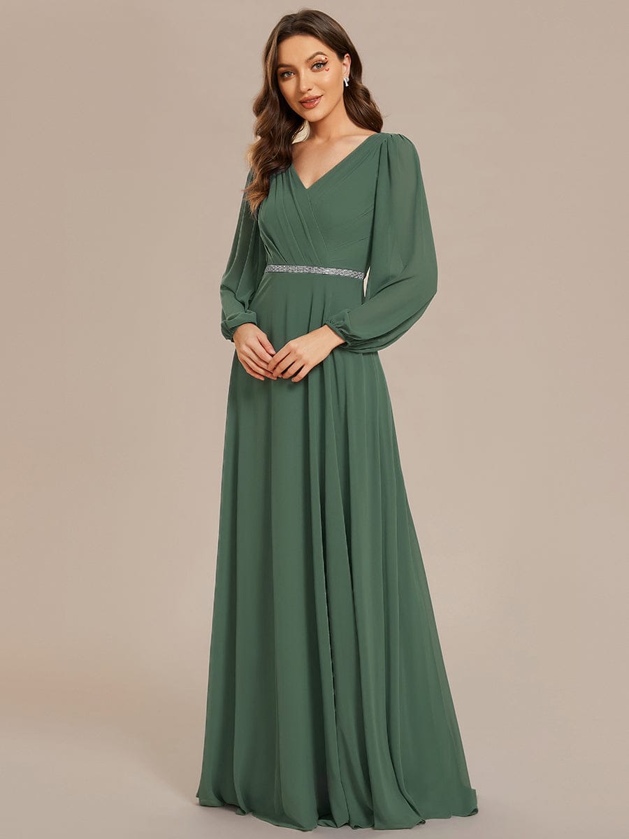 Pleated Double V-Neck Long Sleeves Shiny Belt Chiffon Evening Dress #color_Eucalyptus Green