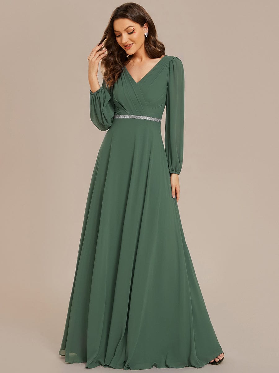 Pleated Double V-Neck Long Sleeves Shiny Belt Chiffon Evening Dress #color_Eucalyptus Green