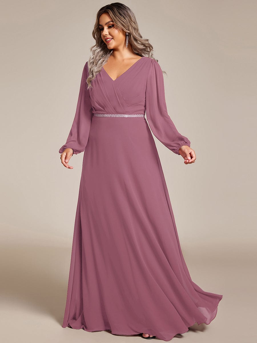 Plus Size Pleated Double V-Neck Long Sleeves Shiny Belt Chiffon Evening Dress #color_Purple Orchid