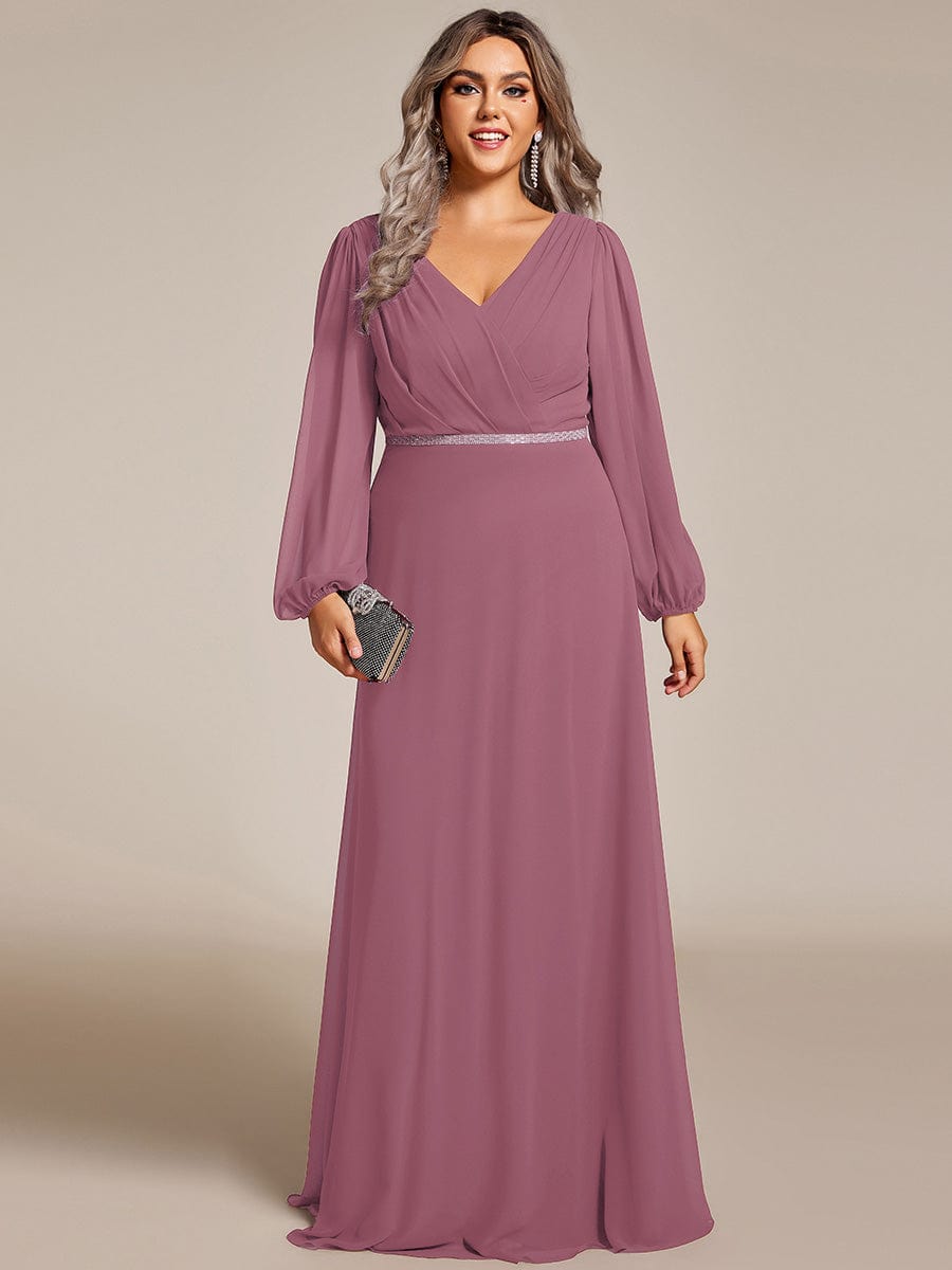 Plus Size Pleated Double V-Neck Long Sleeves Shiny Belt Chiffon Evening Dress #color_Purple Orchid