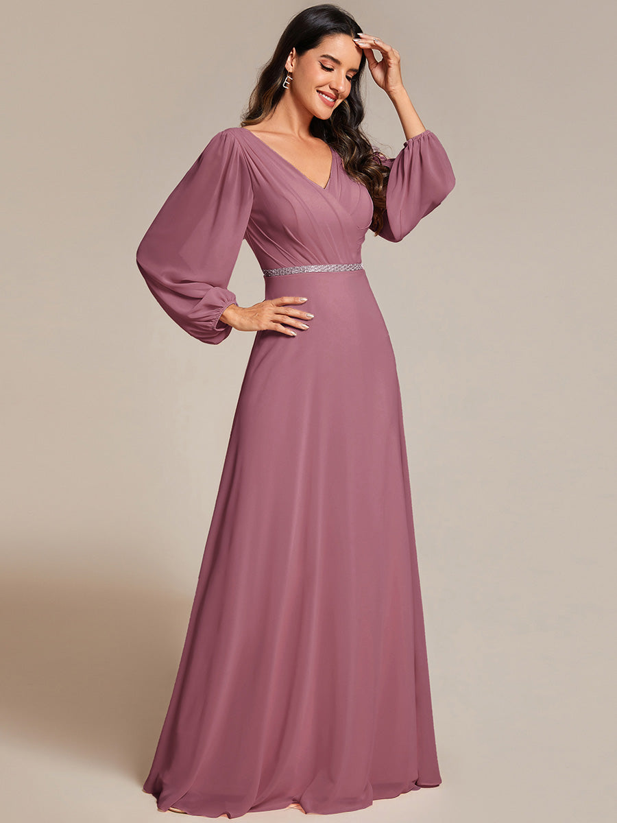 Pleated Double V-Neck Long Sleeves Shiny Belt Chiffon Evening Dress #color_Purple Orchid