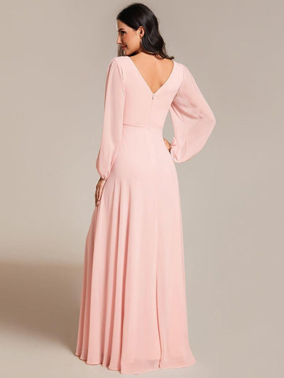 Pleated Double V-Neck Long Sleeves Shiny Belt Chiffon Evening Dress #color_Pink