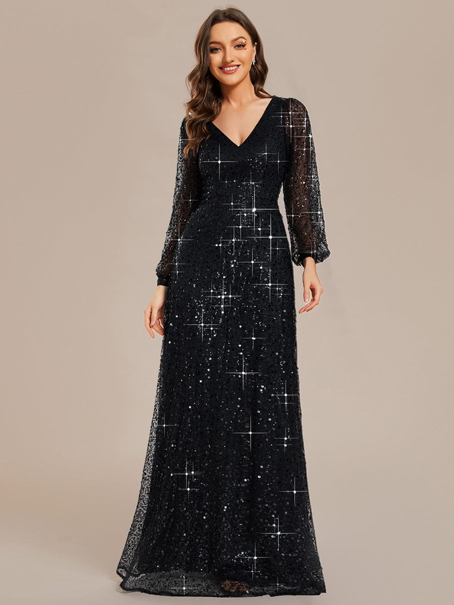 V-Neck Lantern Long Sleeve Sequin A-Line Evening Dress #color_Black