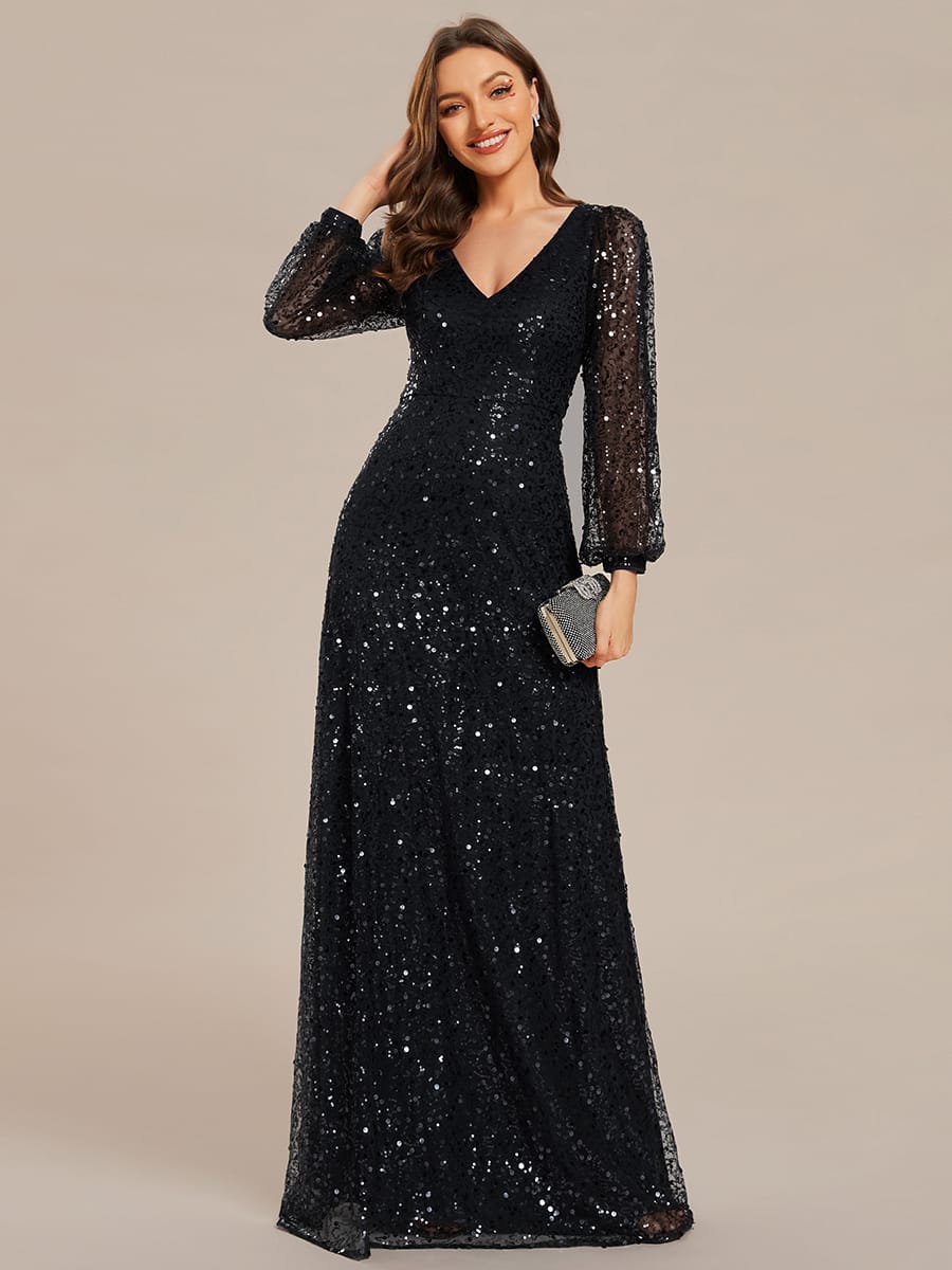 V-Neck Lantern Long Sleeve Sequin A-Line Evening Dress #color_Black