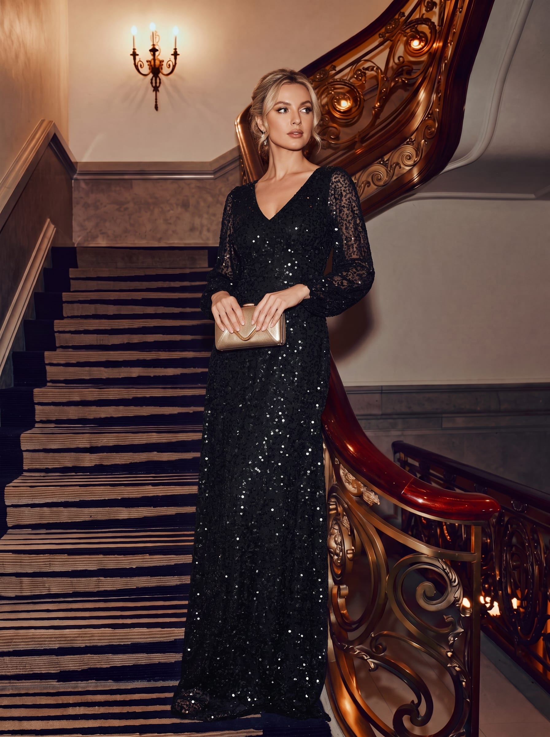 V-Neck Lantern Long Sleeve Sequin A-Line Evening Dress #color_Black