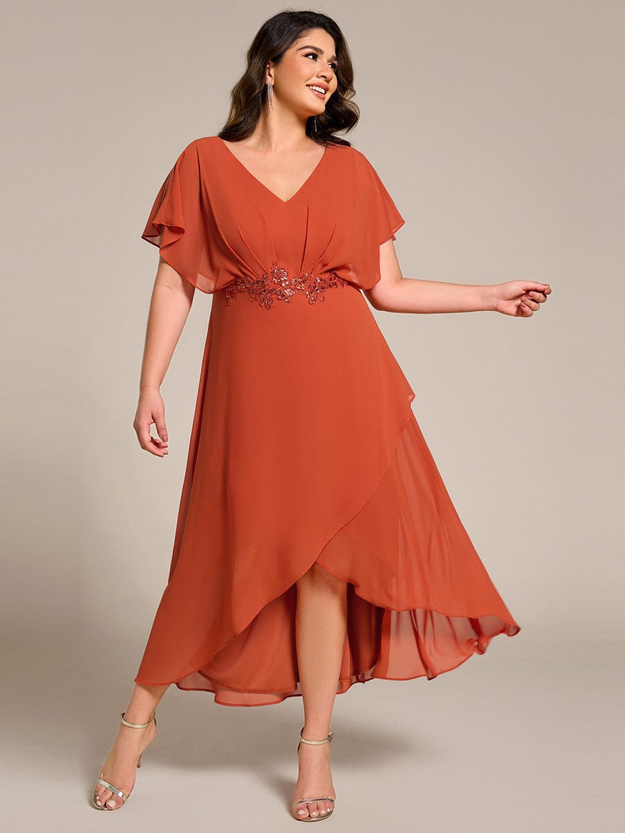 Waist Applique A-Line Chiffon V-Neck Evening Dress #color_Burnt Orange