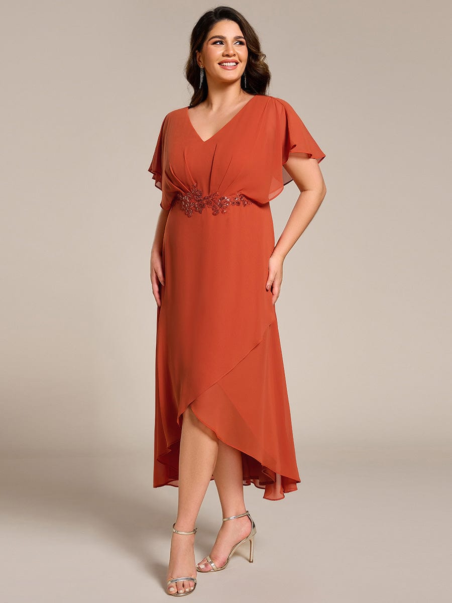 Waist Applique A-Line Chiffon V-Neck Evening Dress #color_Burnt Orange