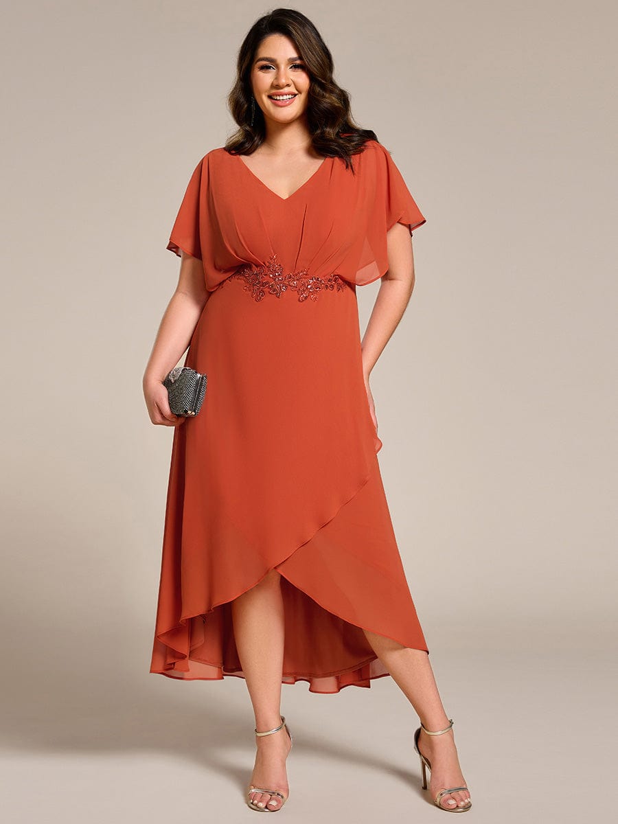 Waist Applique A-Line Chiffon V-Neck Evening Dress #color_Burnt Orange