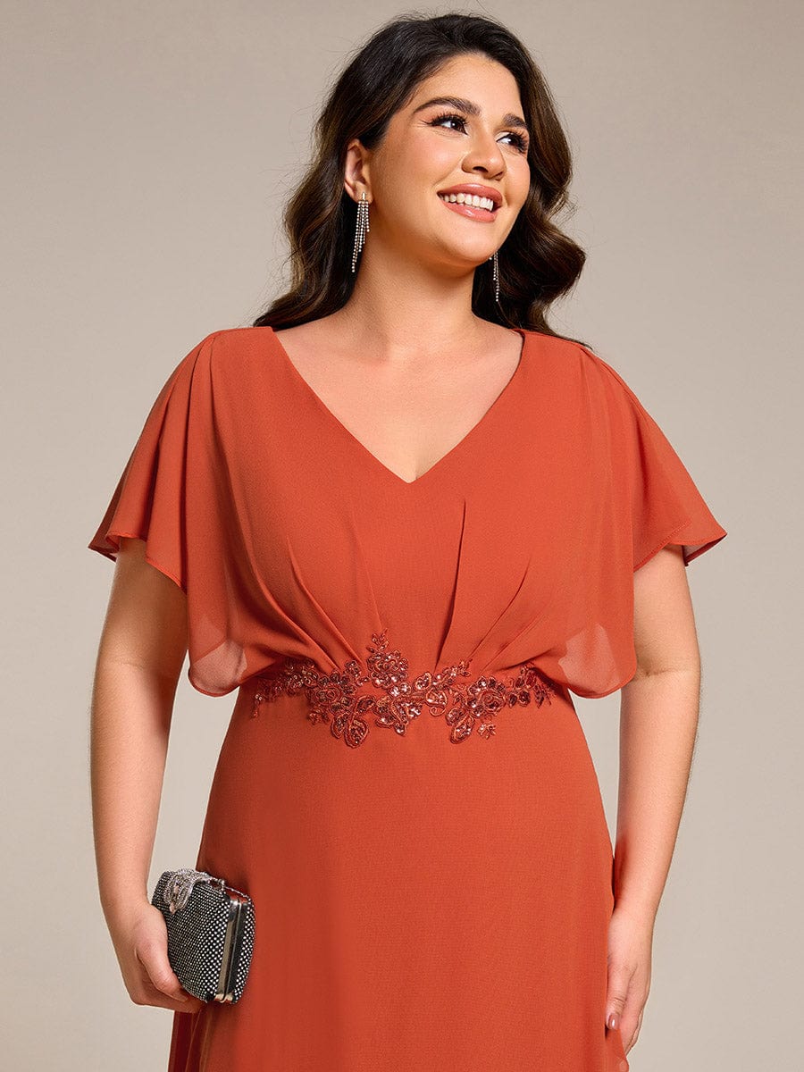 Waist Applique A-Line Chiffon V-Neck Evening Dress #color_Burnt Orange