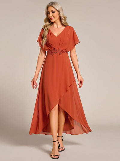 Waist Applique A-Line Chiffon V-Neck Evening Dress #color_Burnt Orange