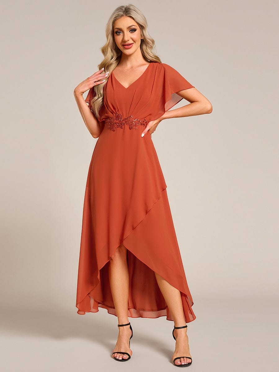 Waist Applique A-Line Chiffon V-Neck Evening Dress #color_Burnt Orange