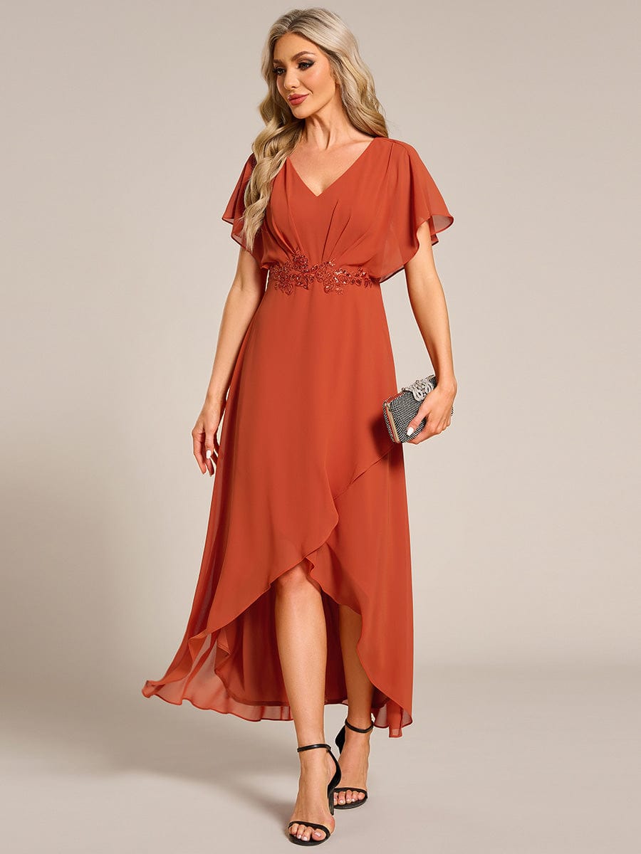 Waist Applique A-Line Chiffon V-Neck Evening Dress #color_Burnt Orange