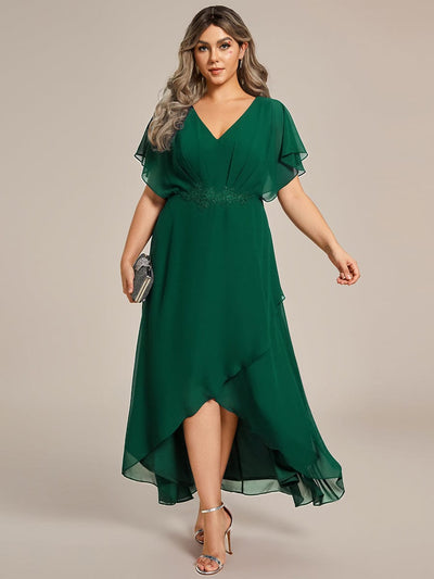 Waist Applique A-Line Chiffon V-Neck Evening Dress #color_Dark Green