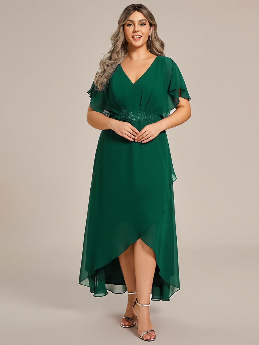 Waist Applique A-Line Chiffon V-Neck Evening Dress #color_Dark Green