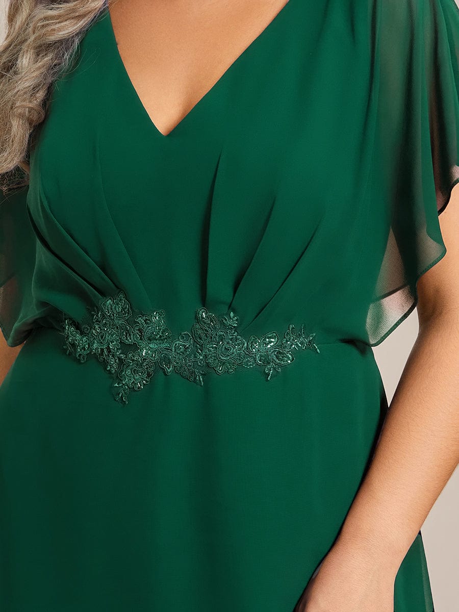 Waist Applique A-Line Chiffon V-Neck Evening Dress #color_Dark Green
