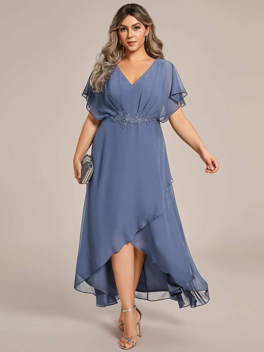 Waist Applique A-Line Chiffon V-Neck Evening Dress #color_Dusty Blue