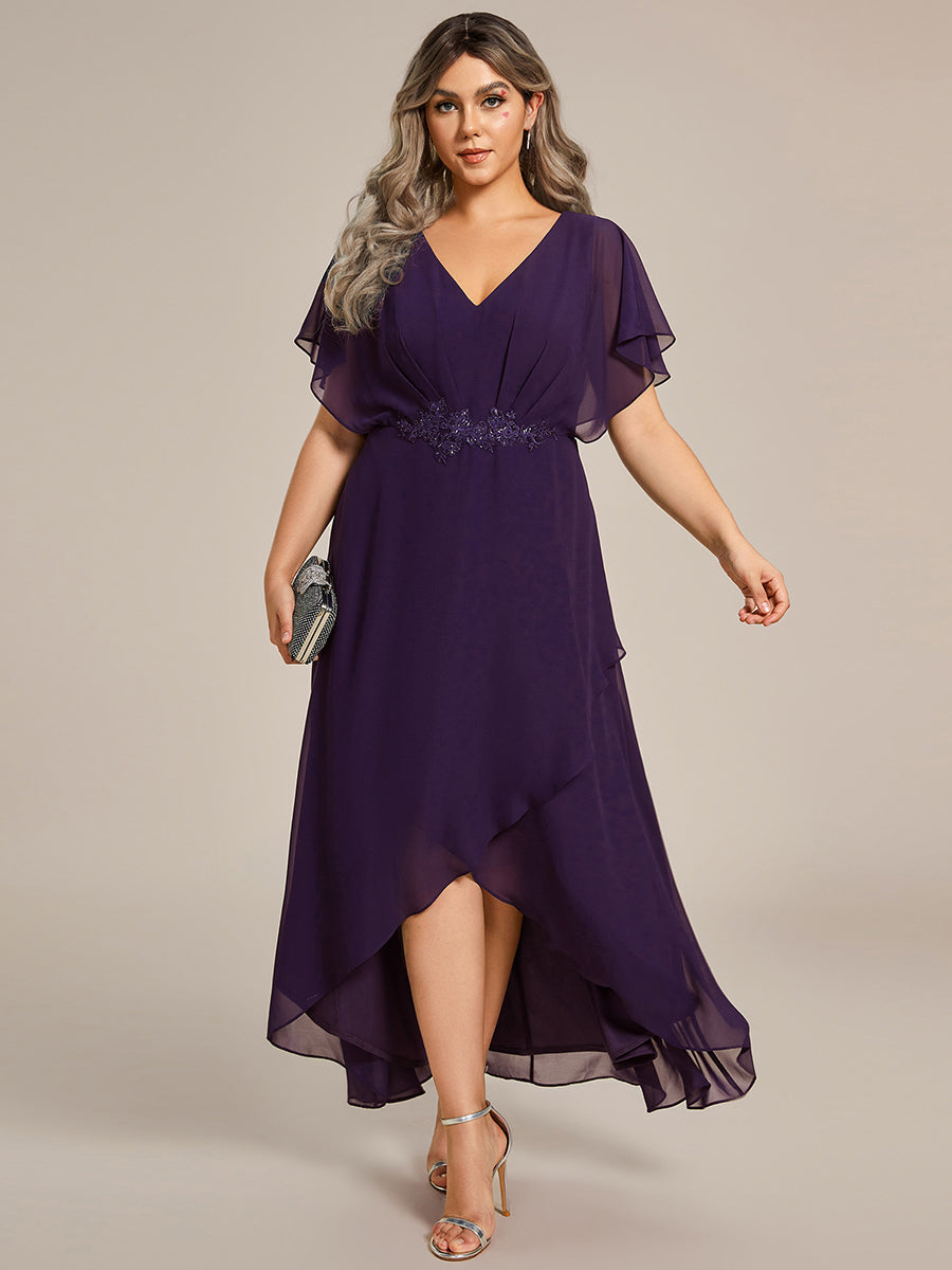 Waist Applique A-Line Chiffon V-Neck Evening Dress #color_Dark Purple