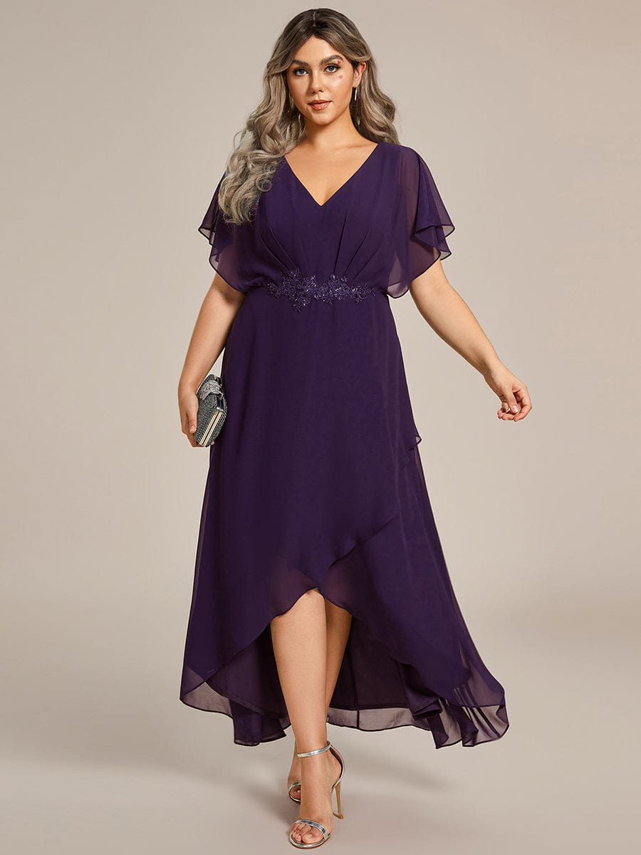 Waist Applique A-Line Chiffon V-Neck Evening Dress #color_Dark Purple