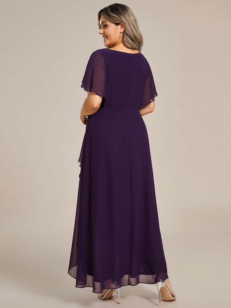 Waist Applique A-Line Chiffon V-Neck Evening Dress #color_Dark Purple