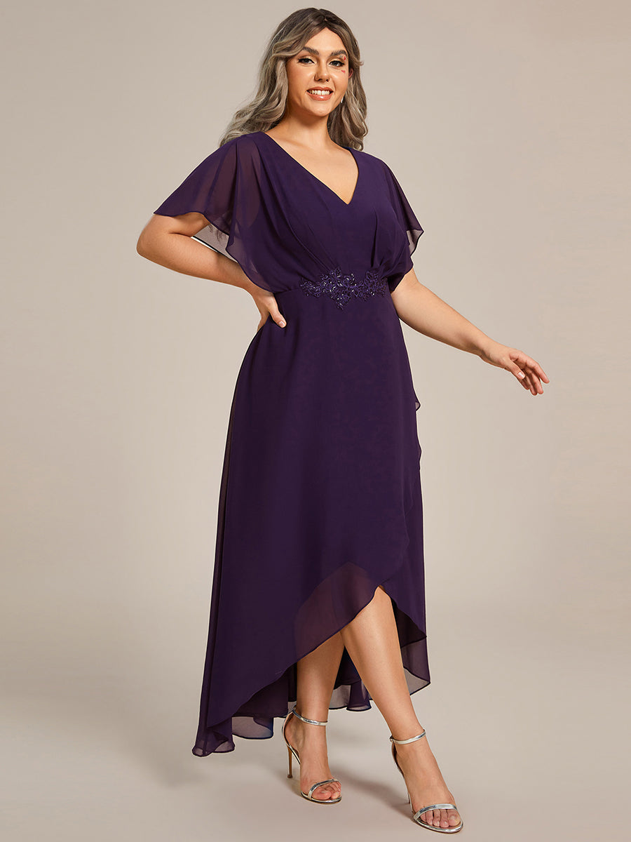 Waist Applique A-Line Chiffon V-Neck Evening Dress #color_Dark Purple