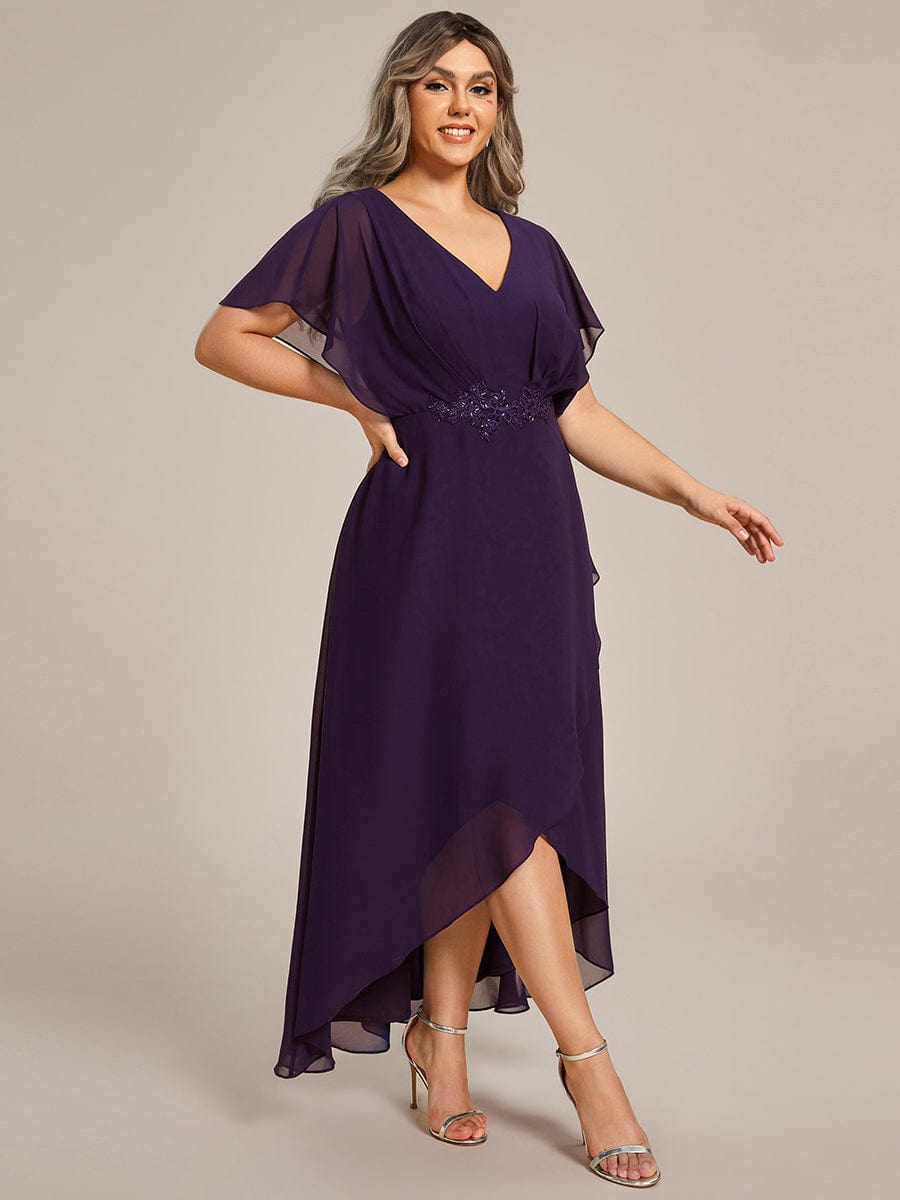 Waist Applique A-Line Chiffon V-Neck Evening Dress #color_Dark Purple