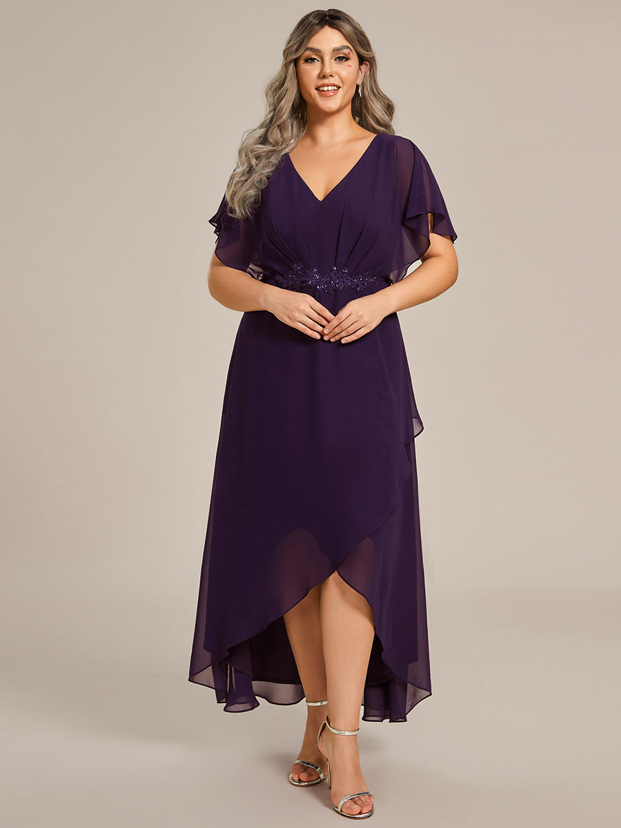 Waist Applique A-Line Chiffon V-Neck Evening Dress #color_Dark Purple