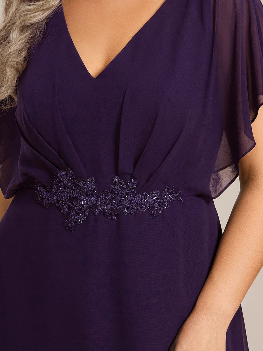 Waist Applique A-Line Chiffon V-Neck Evening Dress #color_Dark Purple