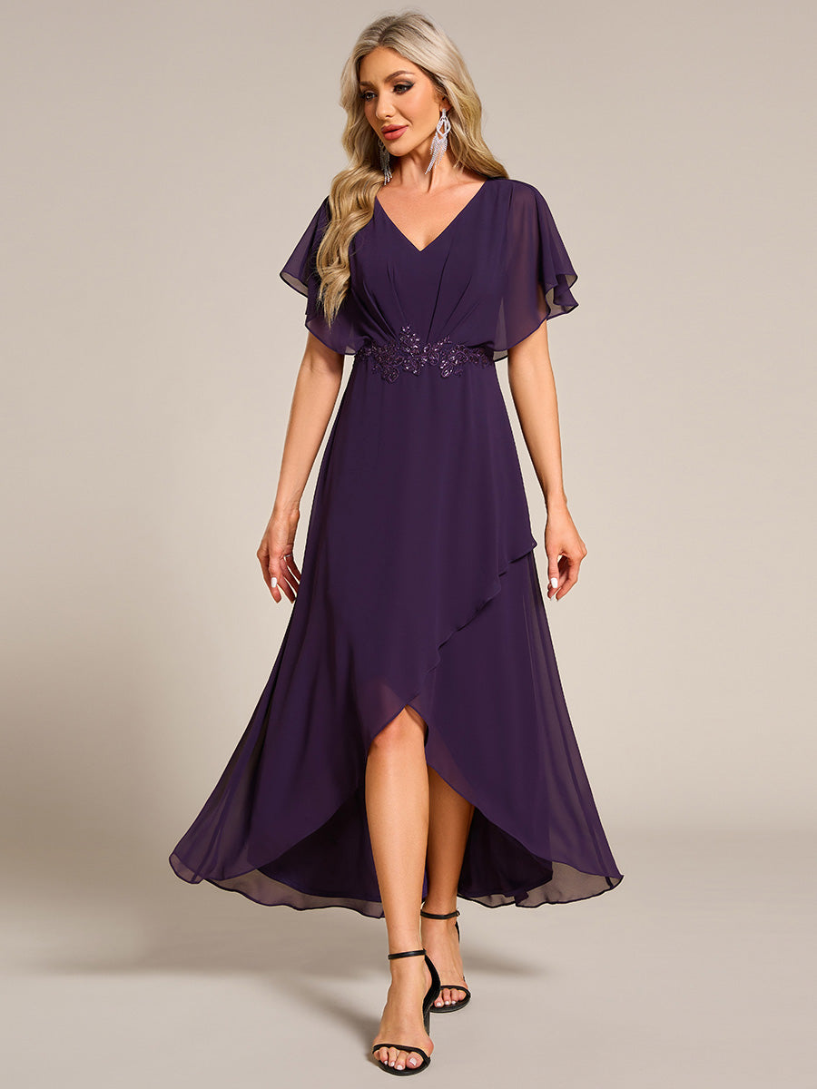 Waist Applique A-Line Chiffon V-Neck Evening Dress #color_Dark Purple
