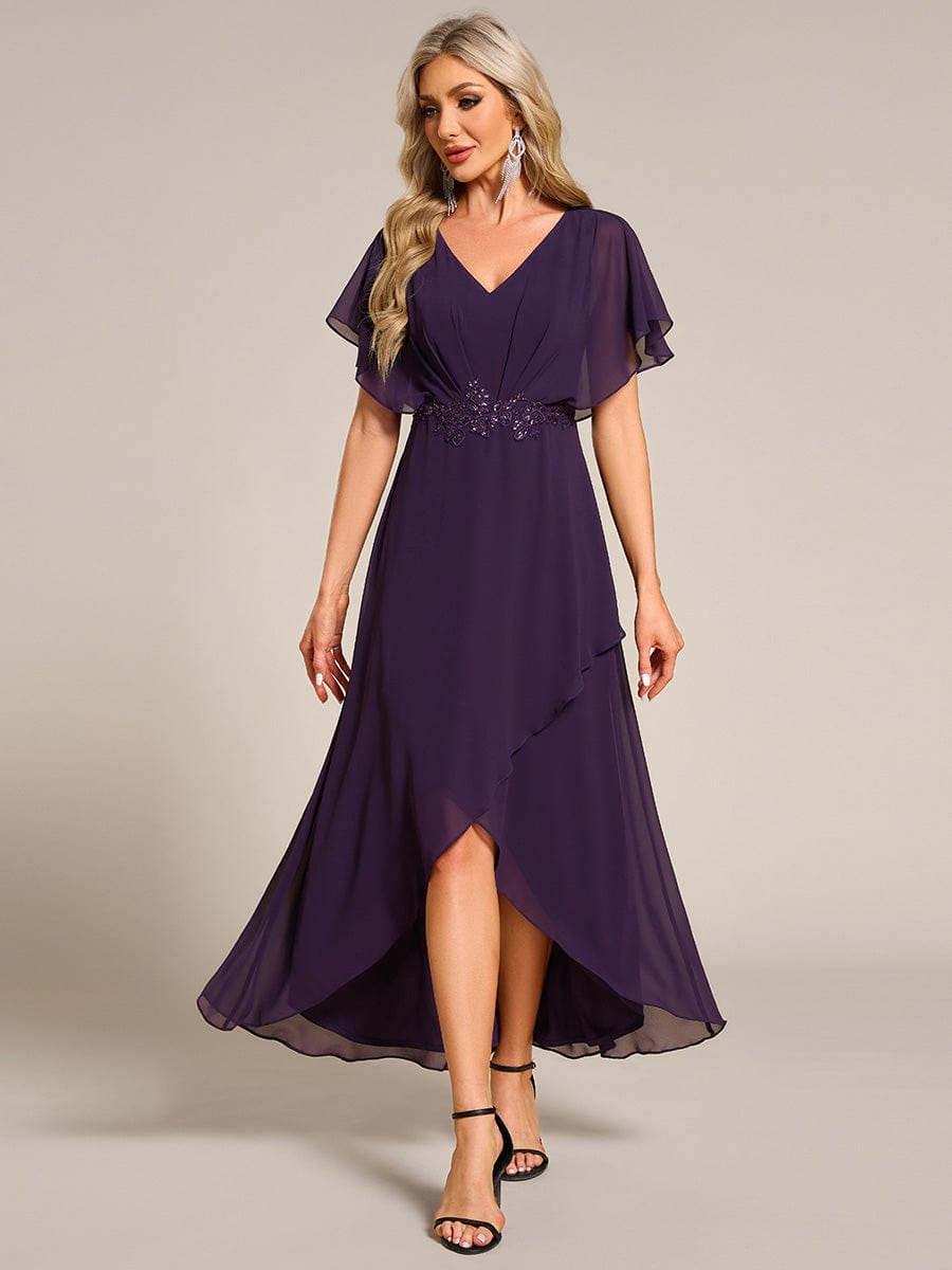 Waist Applique A-Line Chiffon V-Neck Evening Dress #color_Dark Purple