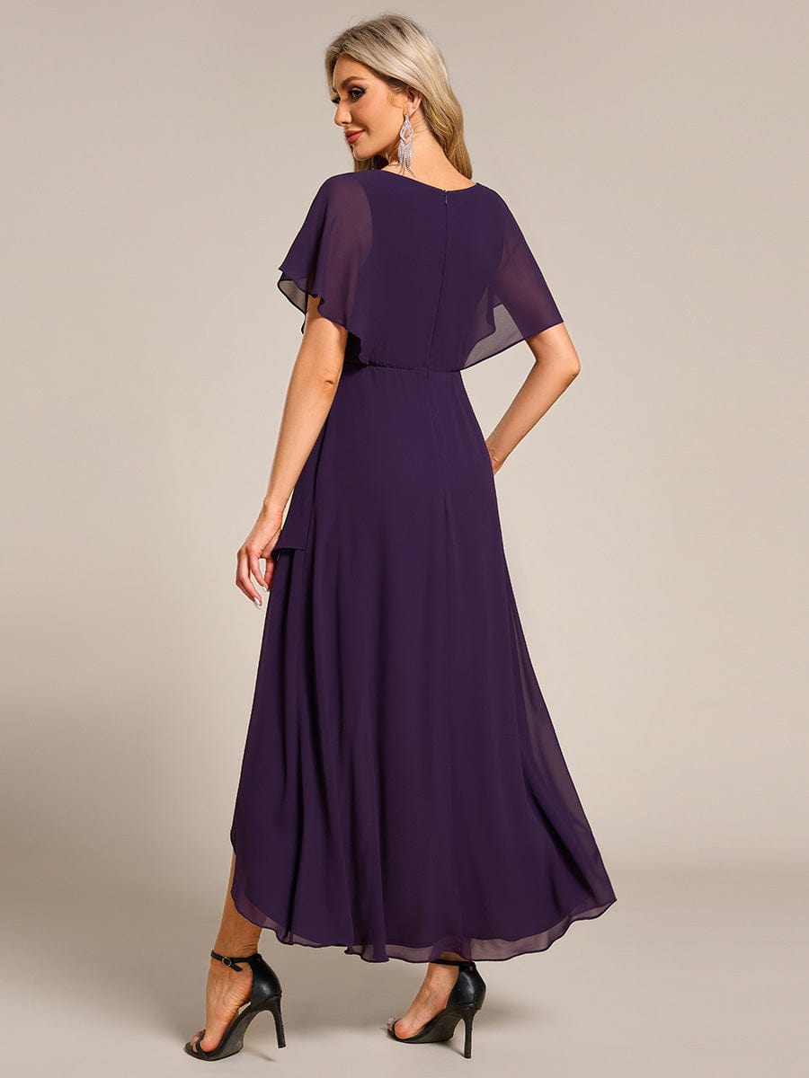 Waist Applique A-Line Chiffon V-Neck Evening Dress #color_Dark Purple