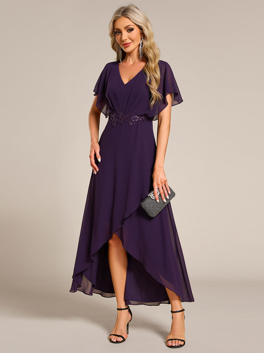 Waist Applique A-Line Chiffon V-Neck Evening Dress #color_Dark Purple