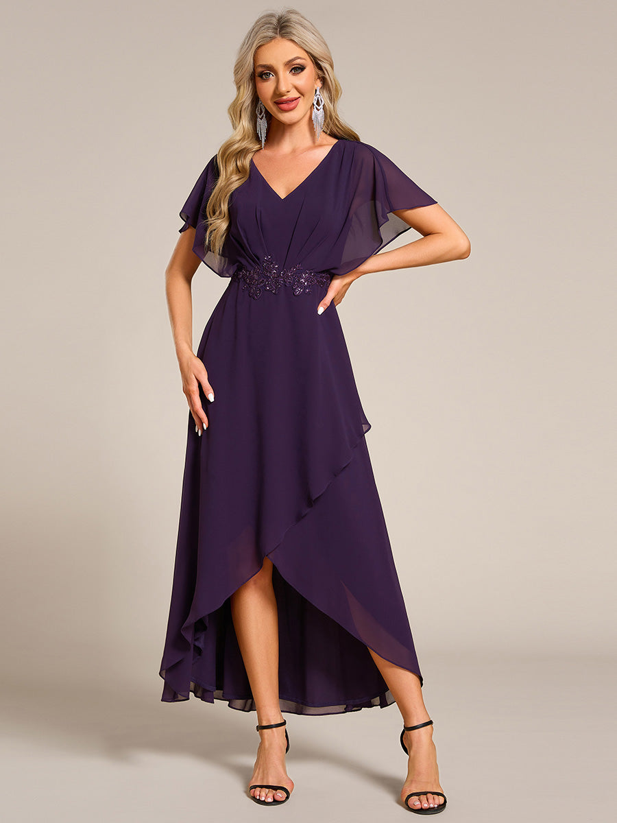 Waist Applique A-Line Chiffon V-Neck Evening Dress #color_Dark Purple