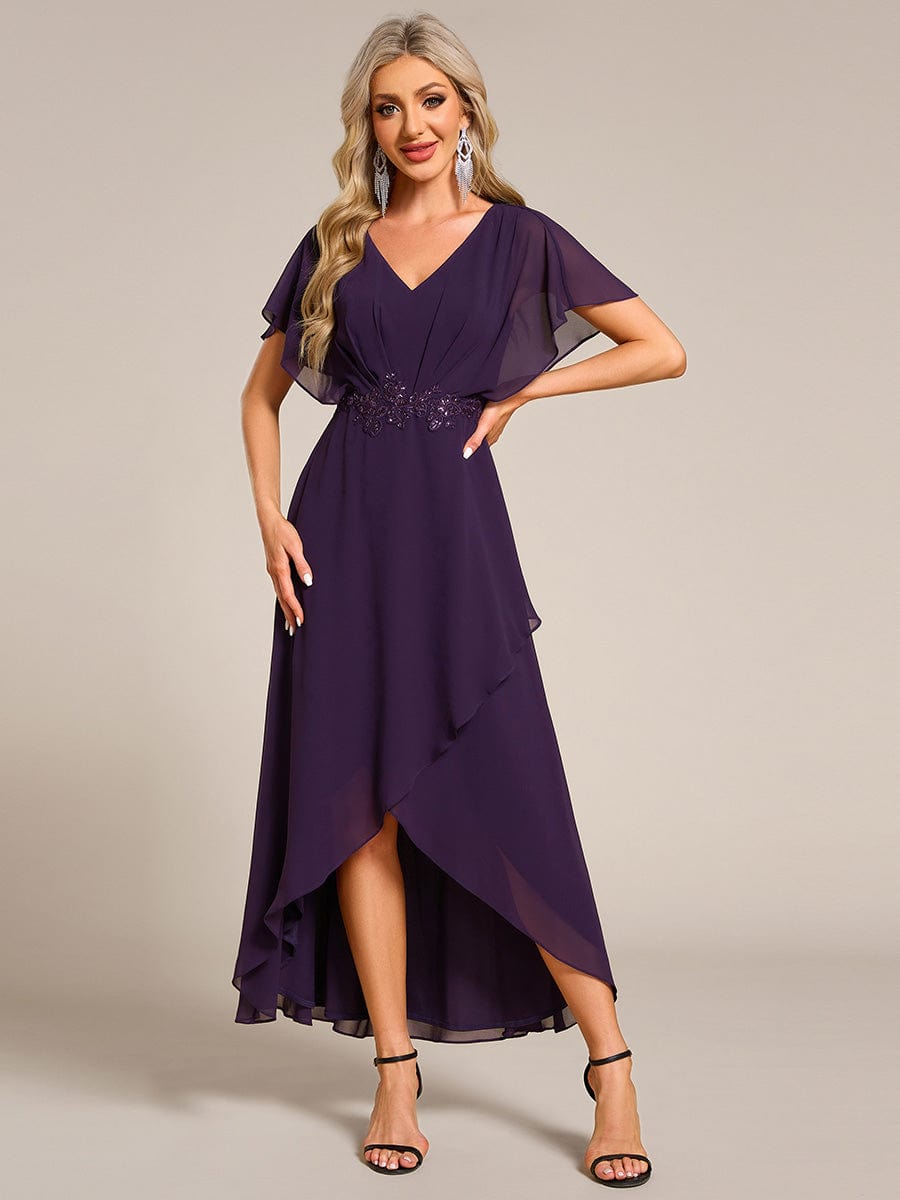 Waist Applique A-Line Chiffon V-Neck Evening Dress #color_Dark Purple
