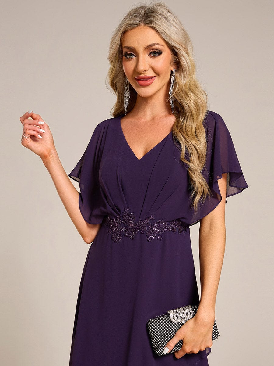Waist Applique A-Line Chiffon V-Neck Evening Dress #color_Dark Purple