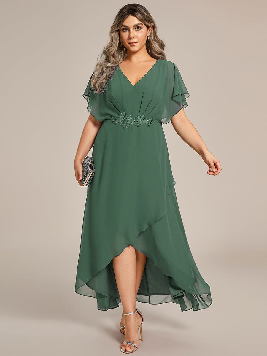 Waist Applique A-Line Chiffon V-Neck Evening Dress #color_Eucalyptus Green