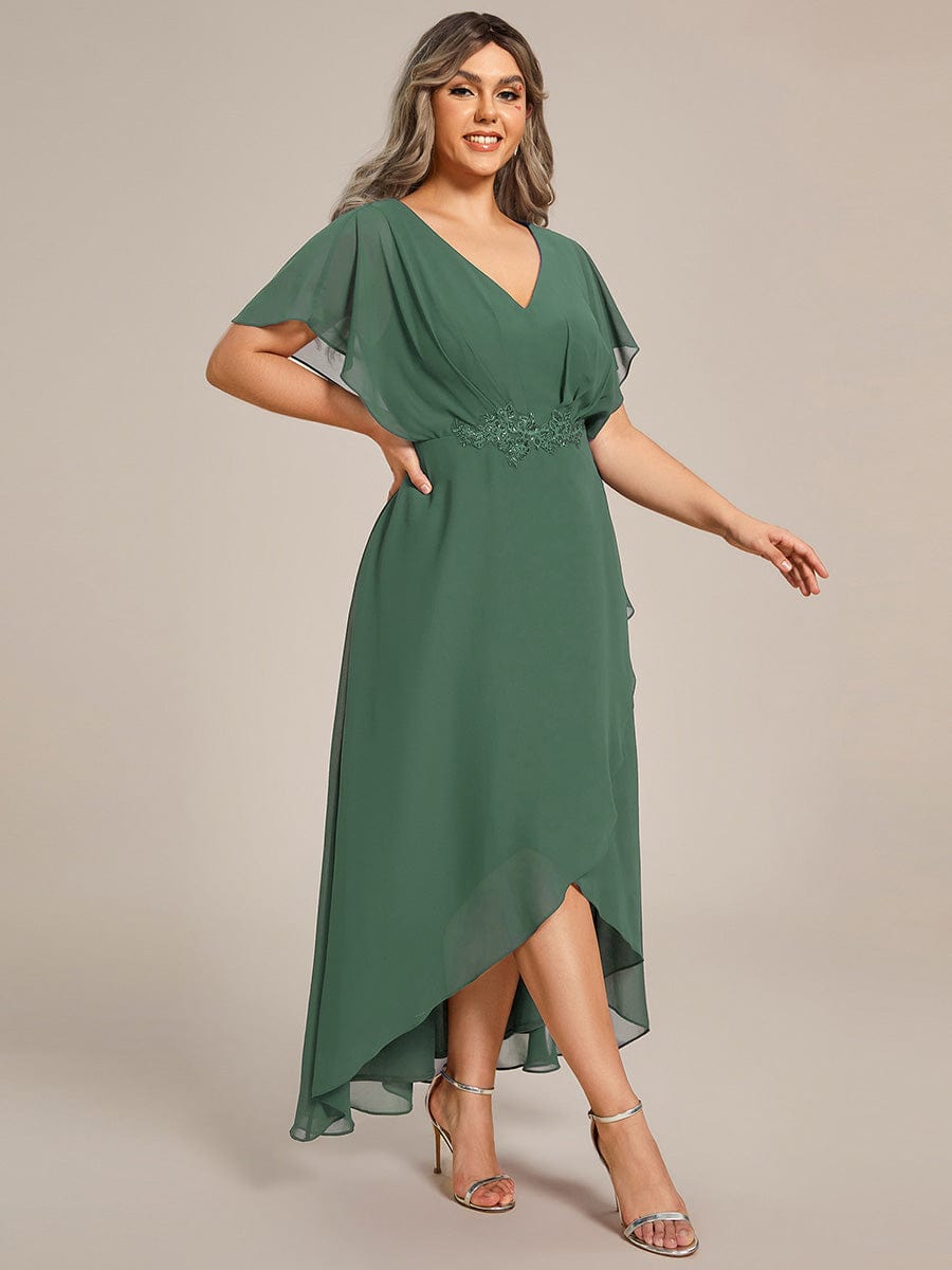 Waist Applique A-Line Chiffon V-Neck Evening Dress #color_Eucalyptus Green