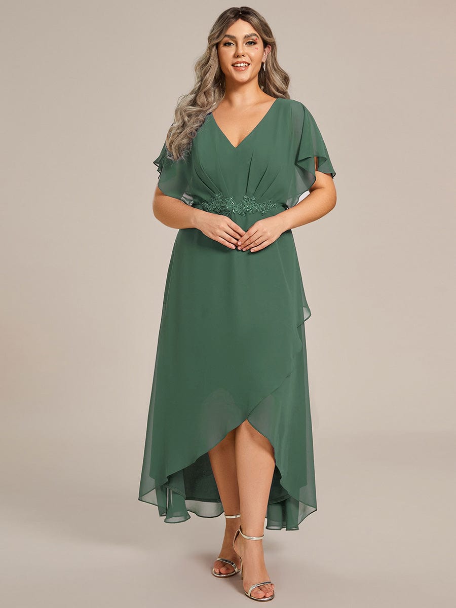 Waist Applique A-Line Chiffon V-Neck Evening Dress #color_Eucalyptus Green