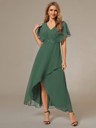Waist Applique A-Line Chiffon V-Neck Evening Dress #color_Eucalyptus Green