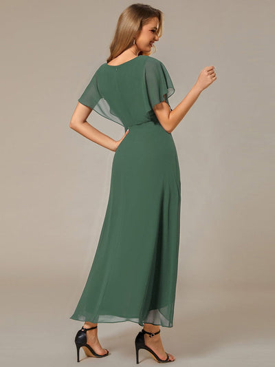 Waist Applique A-Line Chiffon V-Neck Evening Dress #color_Eucalyptus Green