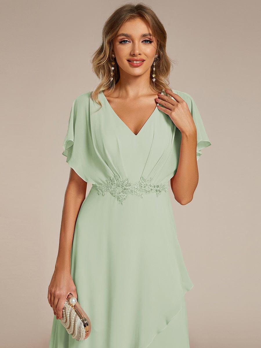 Waist Applique A-Line Chiffon V-Neck Wedding Guest Dress #color_Mint Green