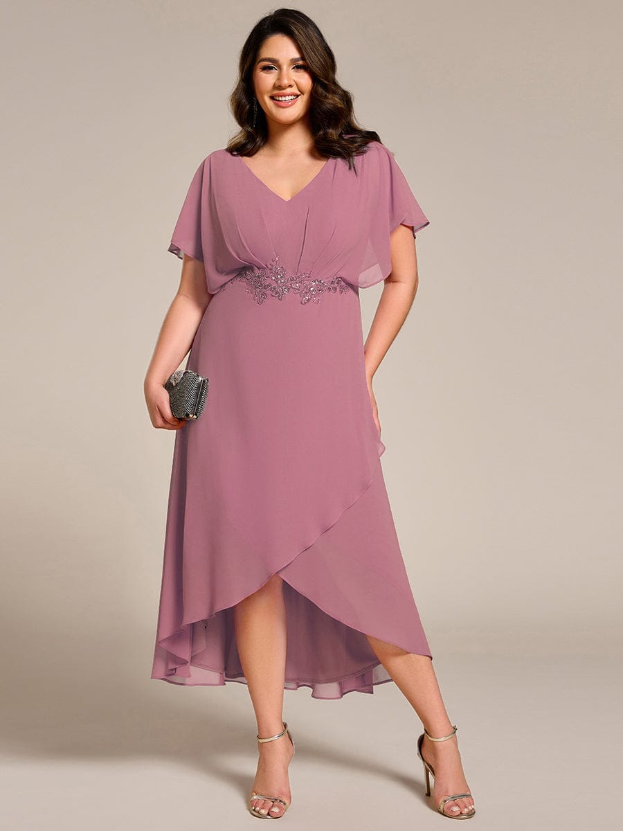 Waist Applique A-Line Chiffon V-Neck Wedding Guest Dress #color_Purple Orchid