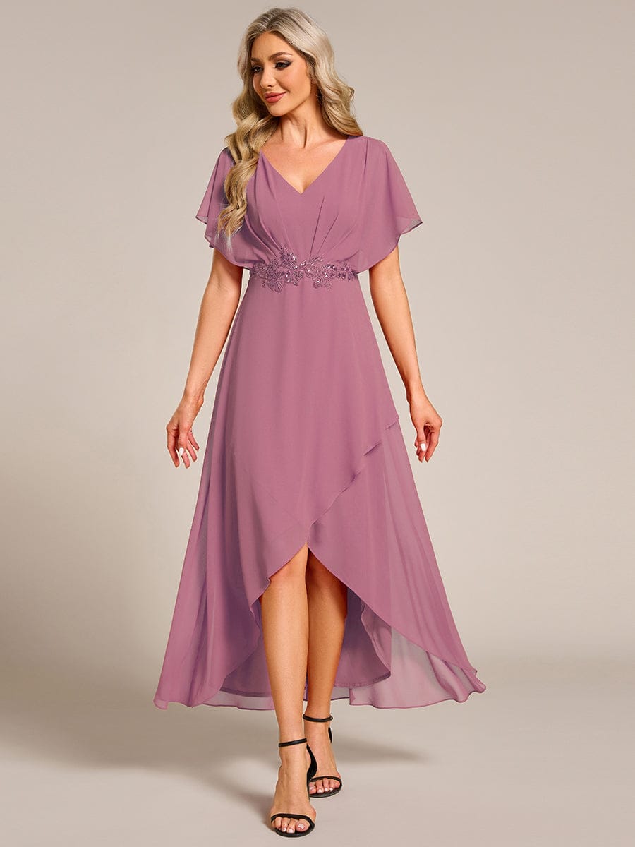 Waist Applique A-Line Chiffon V-Neck Wedding Guest Dress #color_Purple Orchid