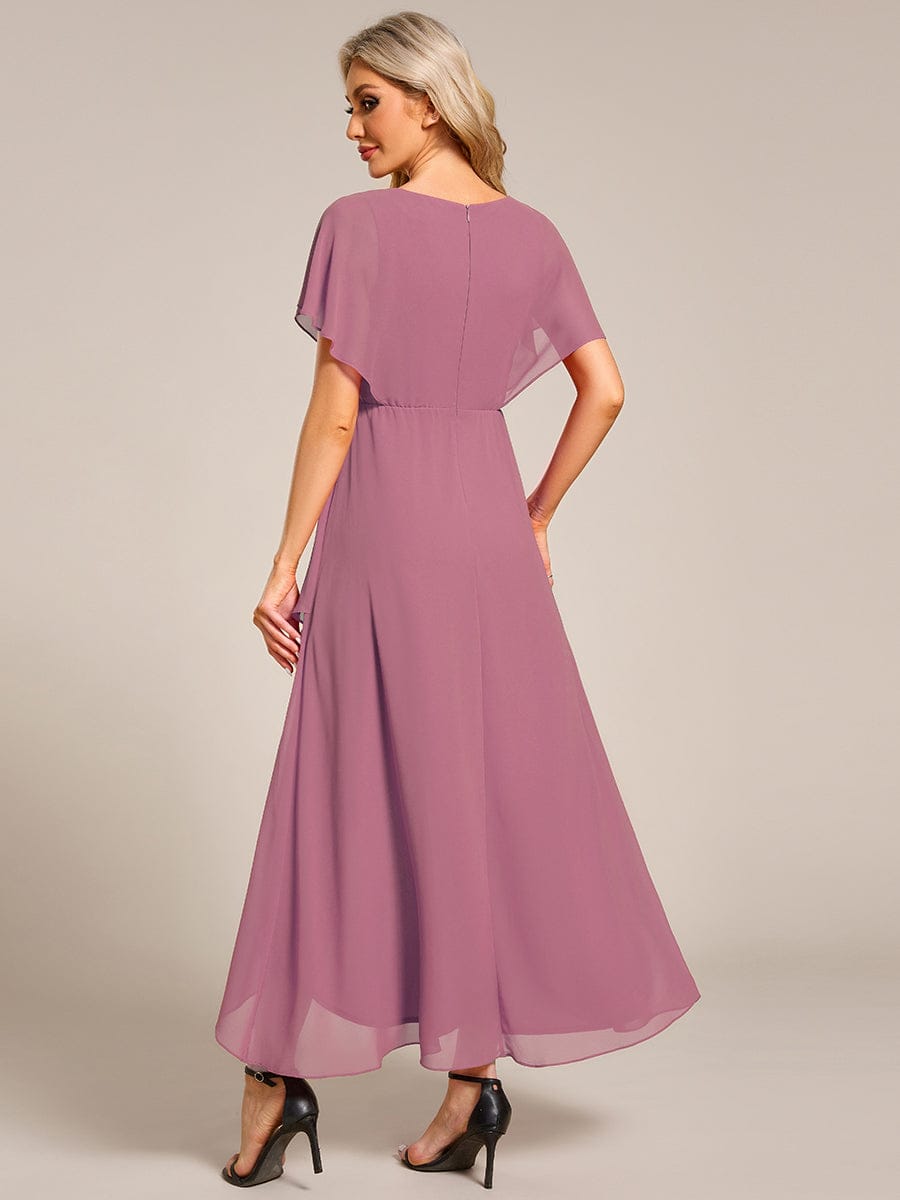 Waist Applique A-Line Chiffon V-Neck Wedding Guest Dress #color_Purple Orchid